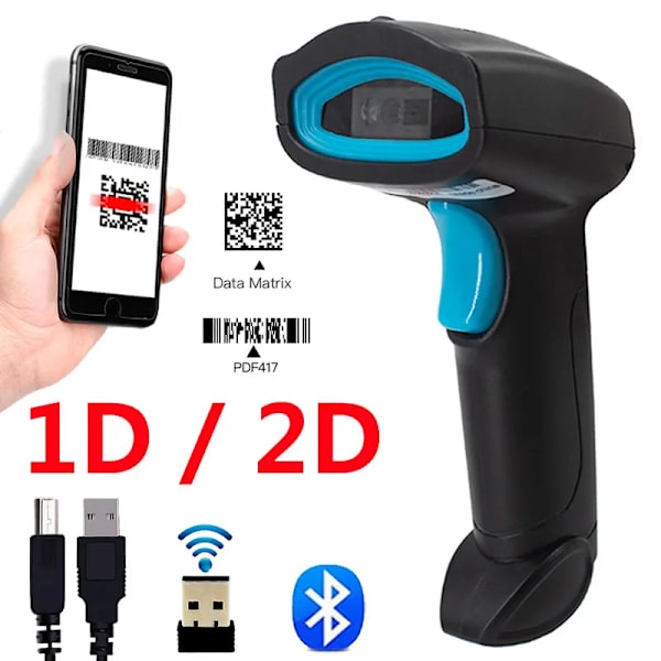 CMOS Bild 1D 2D Trådlös Streckkodsläsare Bluetooth Högprecision Handhållen Automatisk Streckkodsläsare För Lagerhantering U2W Wireless 2D