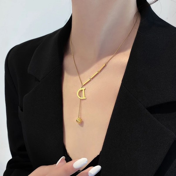 Halsband med initialbokstav i rostfritt stål för kvinnor, trendigt guldkedja A-Z alfabet, kragehalsband, smycke, present D 45cm