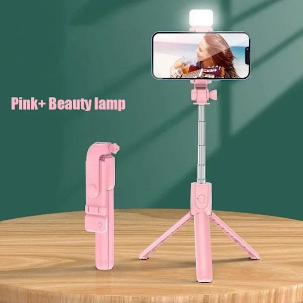 Bluetooth Selfie Stick Trådlöst 360º Roterande Tripodstativ Fjärrkontroll Fyllnadsljus Multifunktionellt Utdragbart Stativ Pink x Beauty lamp