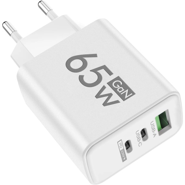 GaN Charge rapide 65W USB-C laddare PD Charge rapide 3.0 för telefonadapter för iPhone 15 Xiaomi POCO Samsung Oneplus EU White
