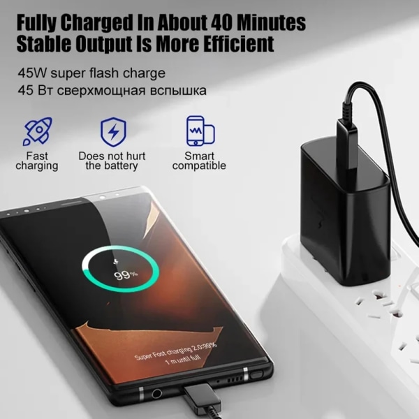 Câble de données de charge super rapide pour Samsung, tête de chargeur, charge flash, extension de type C, 45W, S8, S9, S10 +, S20, S21, S22 ultra US Black