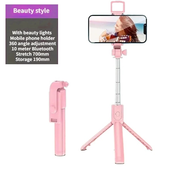 Utdragbart 3-i-1 Selfie Stick Stativ Med Avtagbar BT Trådlös Fjärrkontroll Kompatibel Med De Flesta Telefoner Lättvikts Stativ Pink (With Light)