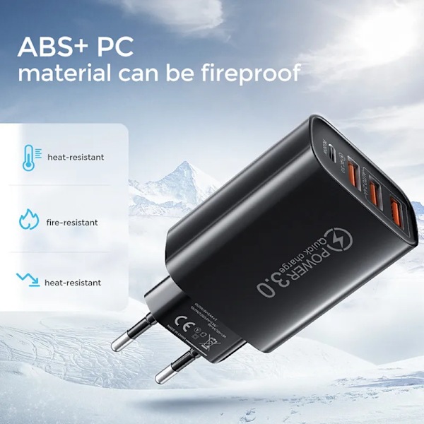 USB-C Laddare 60W Snabbladdare 4-Portar PD Typ-C Snabbladdning 3.0 Väggströmadapter för iPhone Xiaomi Samsung Telefonladdare EU White