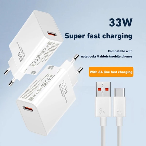 Xiaomi Original 120W Ultra Snabb Laddare QC 5.0 6A USB Typ C Kabel För IPhone Pro Max Samsung Snabbladdningsadapter EU-kontakt 120W Charger