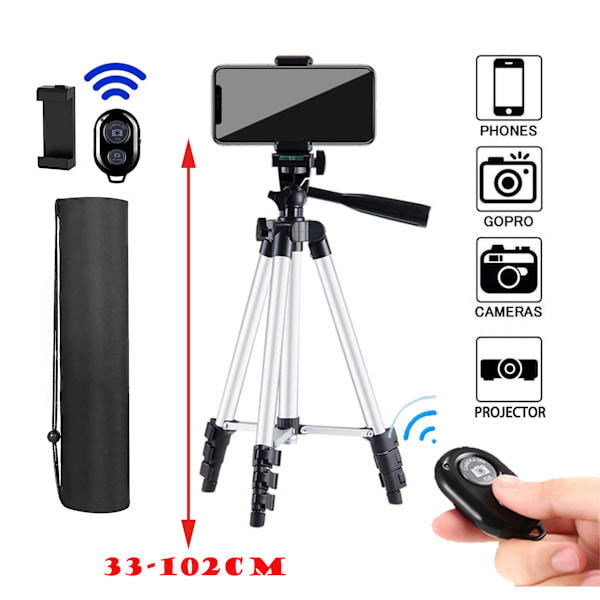 103cm Lättvikts Kamerastativ För Mobil Tripod Kamera Portabel SLR Bluetooth-kompatibel Skrivbords Kam Stativ Monopod Smartphone Silver