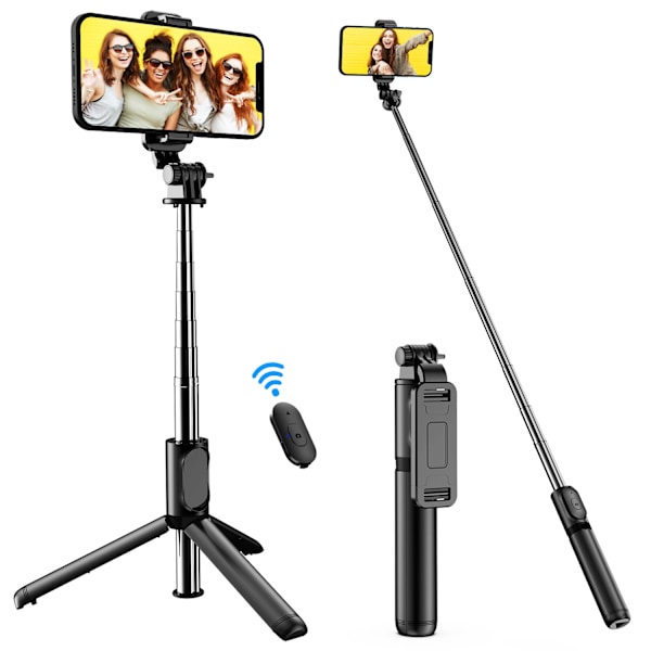 Selfie Stick Stativ med Avtagbar Trådlös Fjärrkontroll, 4 i 1 Utdragbar Portabel Selfie Stick & Telefonstativ Black