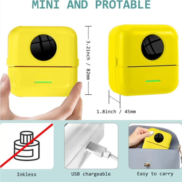 Pocket Printer Wireless BT Thermal Printers med 1 rulla utskriftspapper och 1200mAh batteri, bärbar bläckfri skrivare Yellow