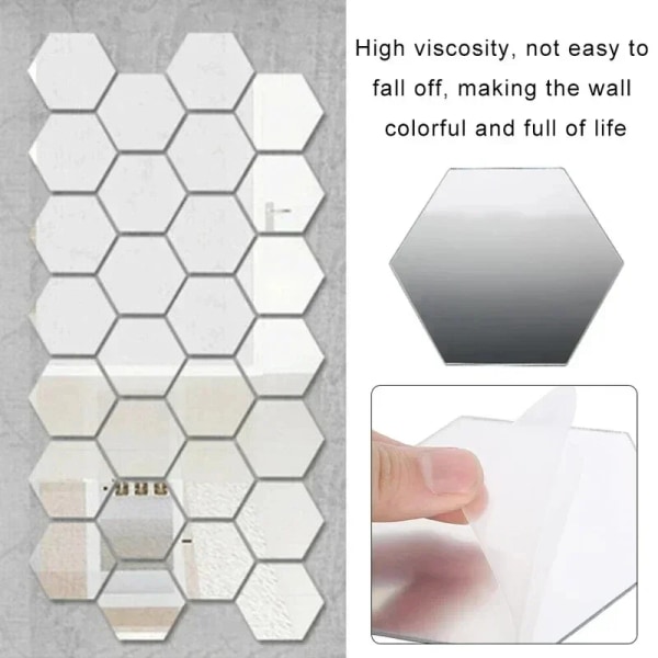 Hexagon Akrylspegel Väggdekal Akryllim Guld Silver Mosaikplattor Avtagbar gör-det-själv-badrum Heminredningsdekal S-Silver-40x70x80mm 48Pcs