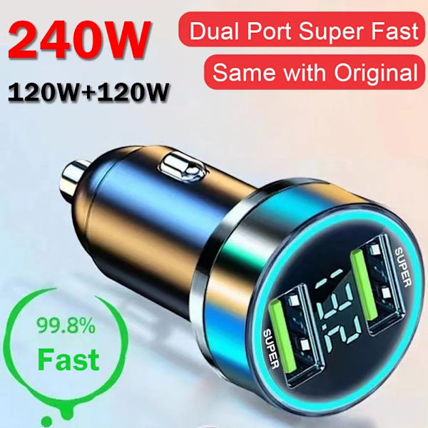240W Billaddare Dubbla USB -portar 120W Supersnabbladdning med Digital Display Snabbladdningsadapter för IPhone Samsung Xiaomi PD USB - 140W  Black