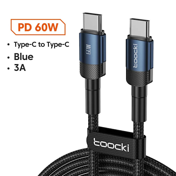 Toocki USB Typ C Kabel Snabbladdning USB C Laddningskabel För iPhone 15 14 13 12 11 Huawei P40 P30 Realme Oppo Oneplus 1m 2m 60W C to C Blue 1m