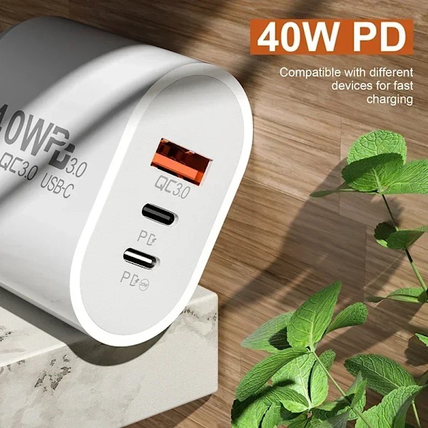 40W 2 PD och 1 QC 3.0 Port Snabbladdande Ström USB Typ C Laddare US/EU För iPhone Samsung Xiaomi Snabbladdning EU-Black