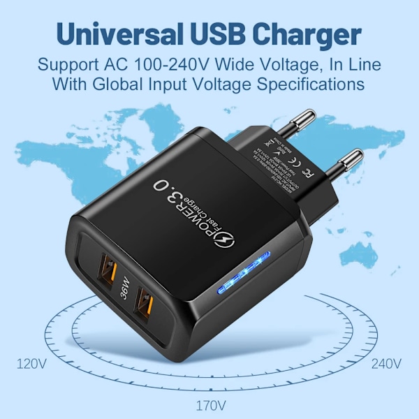 2 Portar 36W USB Mobiltelefonladdare Quick 3.0 Snabbladdning För iPhone Xiaomi Samsung Huawei EU White