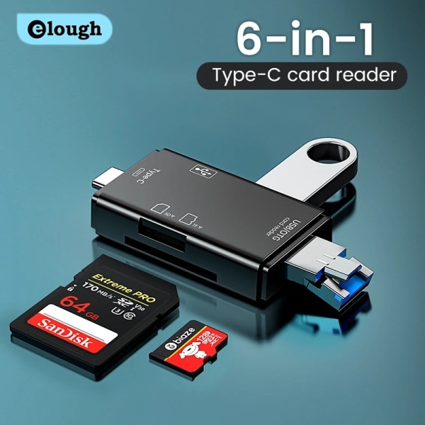 Elough-Lecteur de cartes 6 en 1, OTG, Type C, Micro SD, Clé USB, Lecteur de cartes mémoire intelligent, USB 2.0 TF CF, Adaptateur de lecture de cartes White