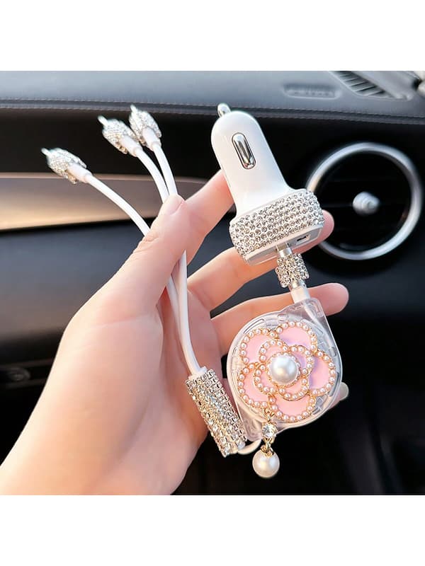 Diamant-Inlagd Billaddare, 3 I 1 Multi-Function Upprullbar Mobiltelefon Datakabel Med 3 Portar Elegant Ballet Data Cable