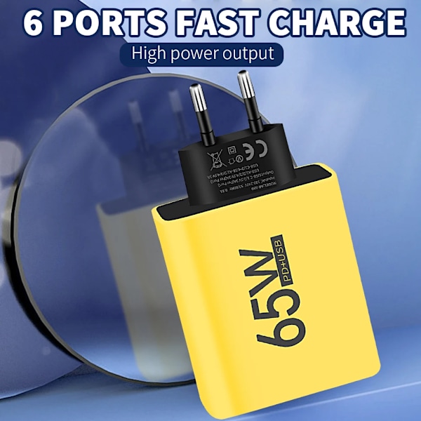 PD 65W USB-laddare Snabbladdare 6 Portar Typ C Mobilladdare För Iphone 16 15 Pro Max Xiaomi Huawei Samsung Snabbladdare Black EU