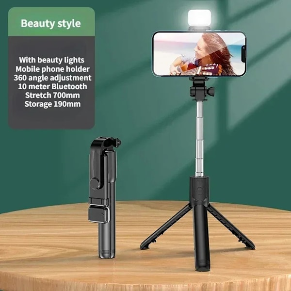 Selfie Stick Trådlöst Stativ med Lampa Bluetooth Fjärrkontroll Utdragbart Stativ för iPhone Mobiltelefon Tiktok Livestreaming Black With Lights