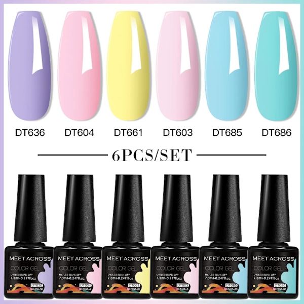 MEET ACROSS 6-pack Gel Nagellack Set Lila Blå Vår Sommar Allt För Dekoration UV Gel Vernis Långvarig Nagelkonst Manikyr ZH24099