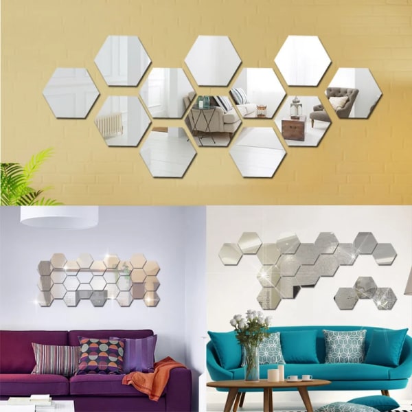 24/6 st 3D-spegel väggdekal hexagon akryl självhäftande mosaik kakel dekaler Avtagbar väggdekal Gör-det-själv Heminredning Konstspegel Blue-12pcs S-80x70x40mm