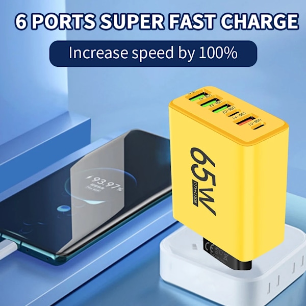 PD 65W USB-laddare Snabbladdare 6 Portar Typ C Mobilladdare För Iphone 16 15 Pro Max Xiaomi Huawei Samsung Snabbladdare White EU
