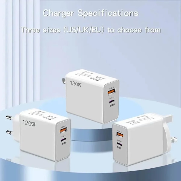 Total 120W Snabbladdare Typ C Snabbladdning 3.0 Väggladdare Adapter för iPhone Huawei Samsung Xiaomi US/EU-laddare EU SET