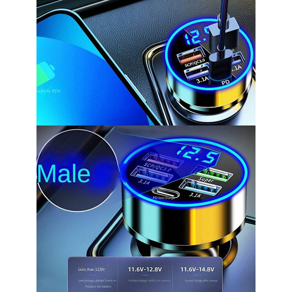 6 I 1 Billaddare Med Digital Display - Usb Och 2 Pd Portar, Qc3.0 Snabbladdning, Universal Adapter Kompatibel Med Iphone, Samsung, Android, Black