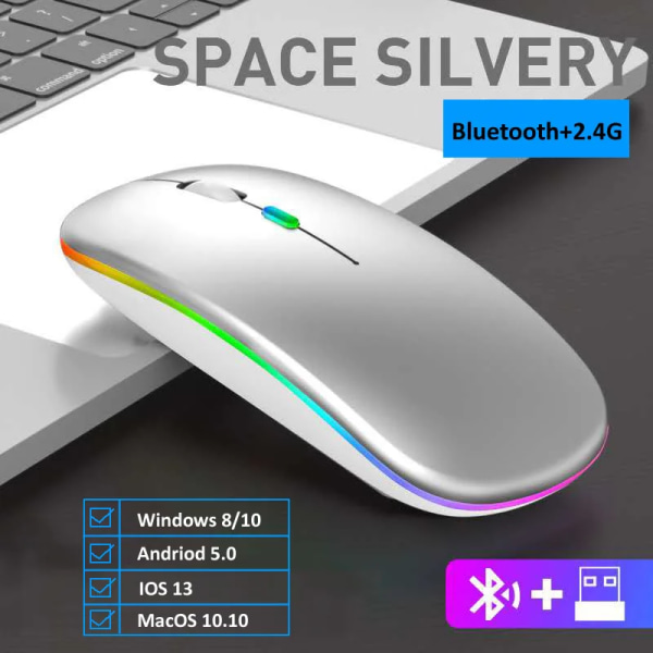 Trådlös mus Bluetooth-kompatibel / 2.4G Två anslutningslägen Uppladdningsbar RGB-mus Gamer Tysta möss för bärbar dator Two Modes Silver
