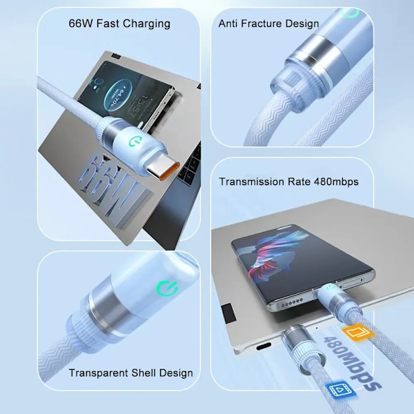 Max 100W 6A USB-C Supersnabb Laddningskabel Kraftig Nylonfläta USB till Typ C För Samsung Xiaomi Redmi Huawei OPPO VIVO Oneplus green 1m
