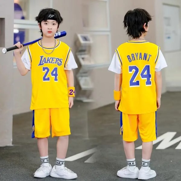 NYA 23/24 pojkar och flickor Baskettröjor Falska tvådelade barnuniform kit grundskoleträning Lakers 24 Yellow (10-11Y)-kids-26