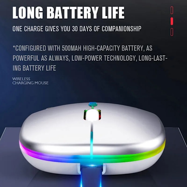 Trådlös mus Bluetooth-kompatibel 2,4 GHz 1600 DPI USB uppladdningsbar RGB-ljus bärbar mus för bärbar dator PC Macbook-spel 2.4G BT Silver