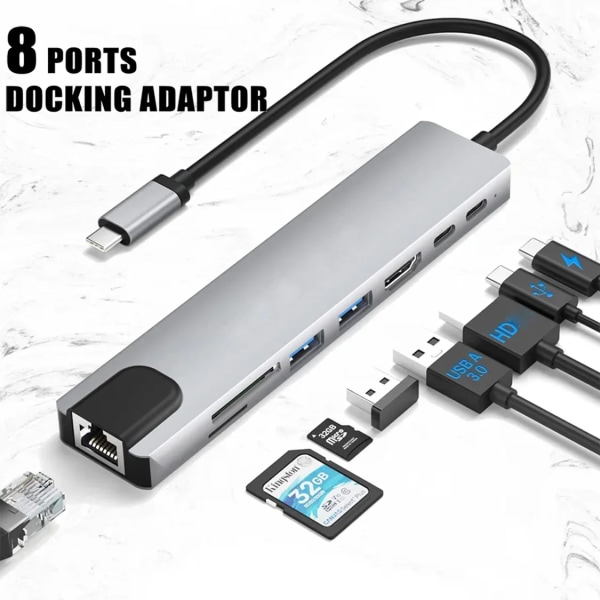 Airies USB C för Macbook, adapter 8 och 1, PC, ladda PD, 8 portar, station S6, RJ45, carte TF/SD kompatibel HDMI, répartiteur de type C Macbook 4 In 1 Type-C B CHINA