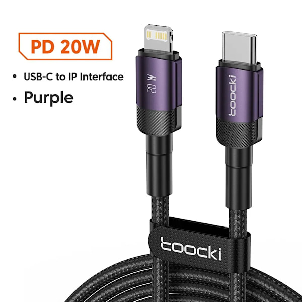 Toocki USB Typ C Kabel Snabbladdning USB C Laddningskabel För iPhone 15 14 13 12 11 Huawei P40 P30 Realme Oppo Oneplus 1m 2m C to L Purple 1m