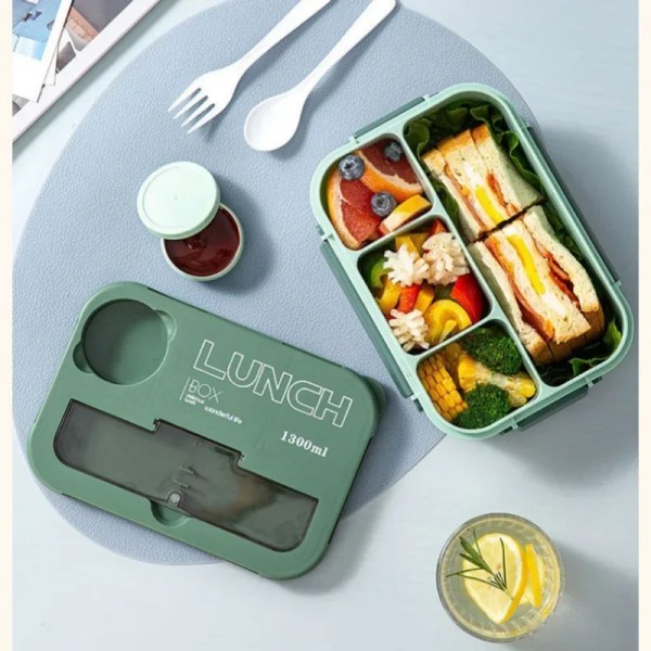 Fack 1300ML Bärbar Lunchlåda Barn Studenter Kontor Bento Box med gaffel och sked Mikrovågsugn Matförvaringsbehållare Green