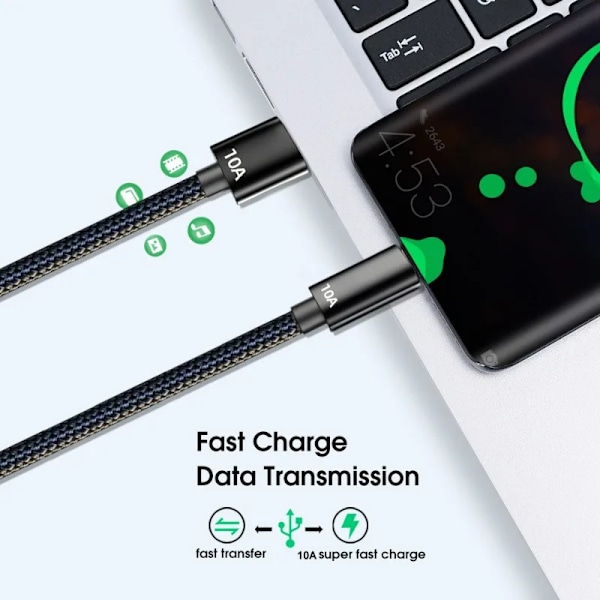 10A Snabbladdningsdatakabel 120W 1m/1.5m/2m Anti-brott Nylonflätad för Samsung Huawei Xiaomi IPhone Oneplus Snabbladdare 2m