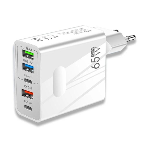 GaN Laddare 65W USB PD Multipla Kontakter Portar Snabb Laddning Mobiltelefon Typ C Väggladdare för IPhone Xiaomi Samsung White EU Plug