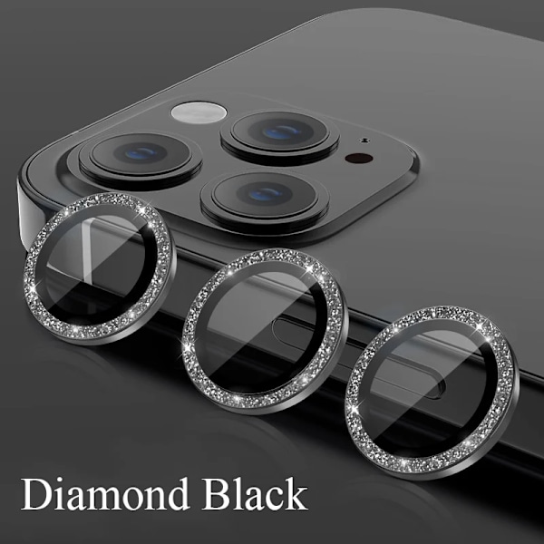 Kameraskydd för iPhone 11 12 13 14 15 Pro Max Mini 9H Härdat Glas Skärmskydd Film 14/15 Plus Metallring Diamond Black 15 Pro(3PCS)