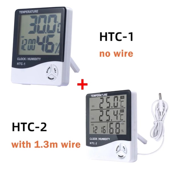 HTC-1 HTC-2 LCD Elektronisk Digital Temperatur Luftfuktighetsmätare Hem Termometer Hygrometer Inomhus Utomhus Väderstation Klocka HTC-1 and HTC-2