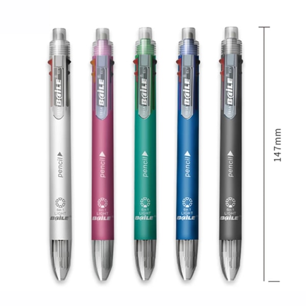 6 i 1 flerfärgade kulspetspennor 5 färger kulspetspenna 1 automatisk penna med suddgummi för skolans kontorsskrivmaterial Brevpapper Black