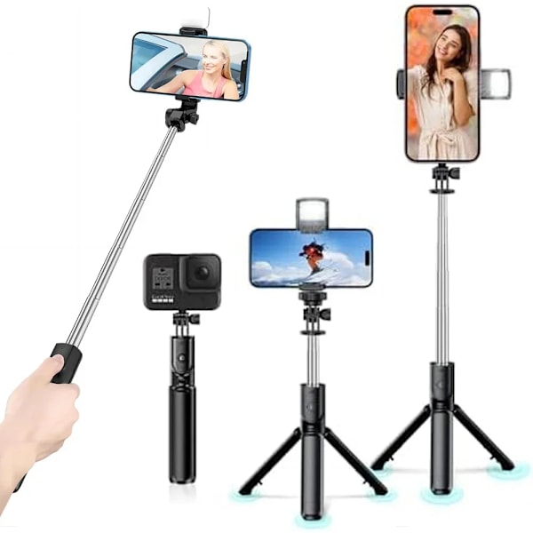 3-i-1 Bluetooth Trådlöst Selfie Stativ Med Fyllnadsljus Slutarfjärrkontroll Portabelt Vikbart Monopod För iPhone Smart Telefon black