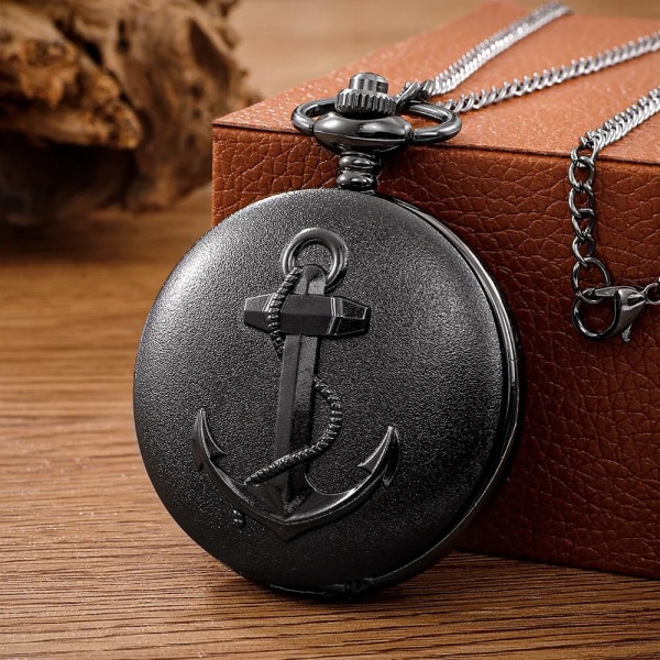 Vintage Pirate Anchor Quarzt Watch med Kedja Halsband Vintage Quartz Pendant Klockor Klockkedja Herr Damer black