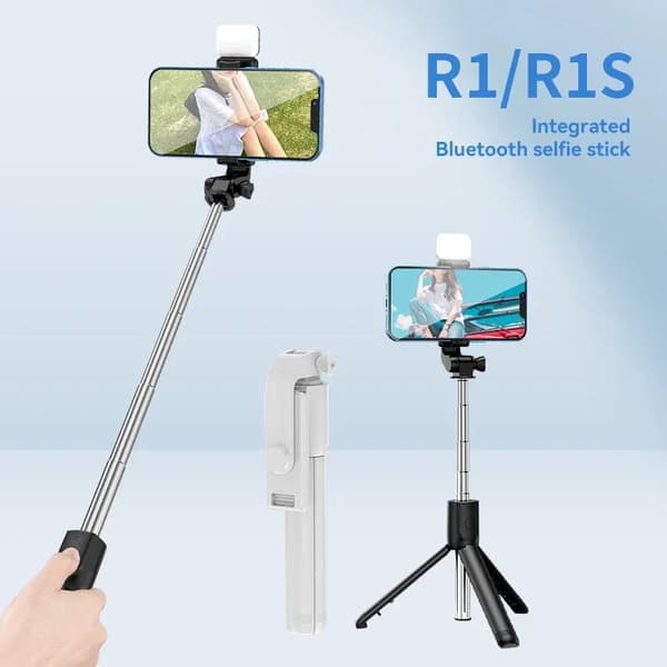 Bluetooth Selfie Stick Trådlöst 360º Roterande Tripodstativ Fjärrkontroll Fyllnadsljus Multifunktionellt Utdragbart Stativ White