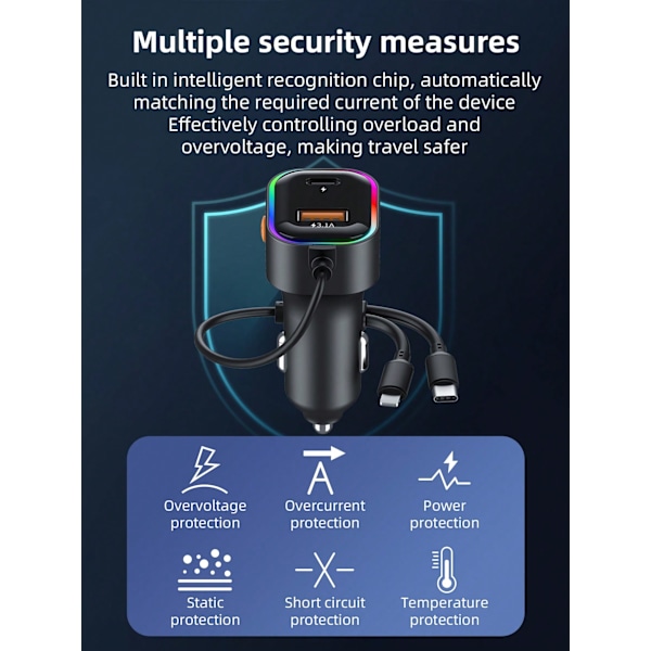 1St Svart Abs-Billaddare Med 1-To-2 Laddkabel, 1 Usb-Port, 1 Typ-C-Port & 1 Typ-C-Head, Kompatibel Med Laddning Av Mobiltelefoner Black