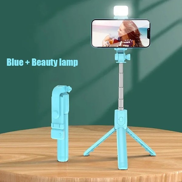 Bluetooth Selfie Stick Trådlöst 360º Roterande Tripodstativ Fjärrkontroll Fyllnadsljus Multifunktionellt Utdragbart Stativ Blue x Beauty lamp