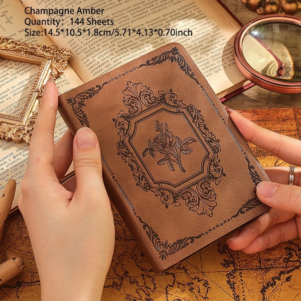 144 Ark Vintage Premium Äkta Läder Präglad Journal Fodrad Tjock Papper Anteckningsbok Skriv Dagbok Månatlig Schema Planerare Champagne Amber