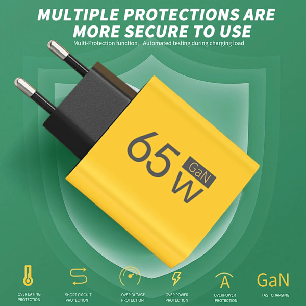 65W GaN USB Snabbladdare Typ C PD Snabbladdningsladdare Mobiltelefonladdare för iPhone 15 16 Pro Xiaomi Samsung Oneplus EU Plug Black
