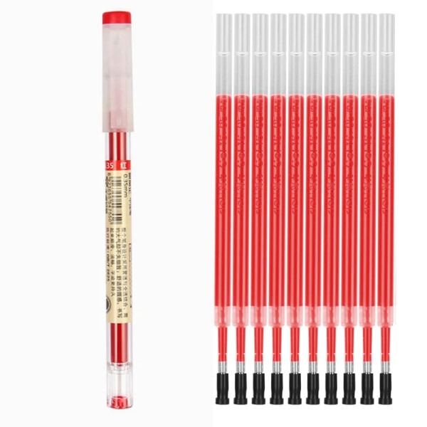 11 STK Gel Pen Set Skolmaterial Svart Blå Röd Bläck Färg 0,35 mm Kulspetspenna Kawaii Pen Studenter Skola Kontorspapper 1 pen-10 Refill-Red