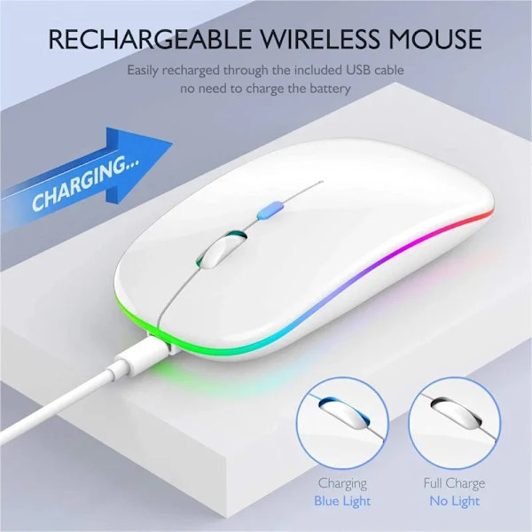 Trådlös mus Bluetooth-kompatibel 2,4 GHz 1600 DPI USB uppladdningsbar RGB-ljus bärbar mus för bärbar dator PC Macbook-spel 2.4G BT Silver
