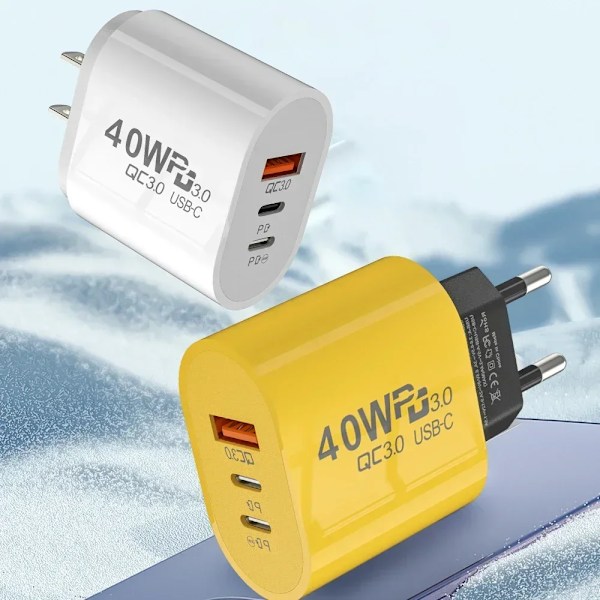 40W 2 PD och 1 QC 3.0 Port Snabbladdande Ström USB Typ C Laddare US/EU För iPhone Samsung Xiaomi Snabbladdning EU-Black