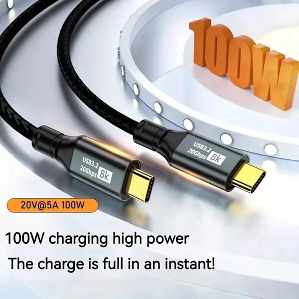 NNBILI PD100W USB3.2 Gen2 20Gbps 8K@60Hz Thunderbolt3 USB-C till C Kabel 5A Snabbladdning för iPhone 15 Pro Max MacBook PC Laptop black 2m