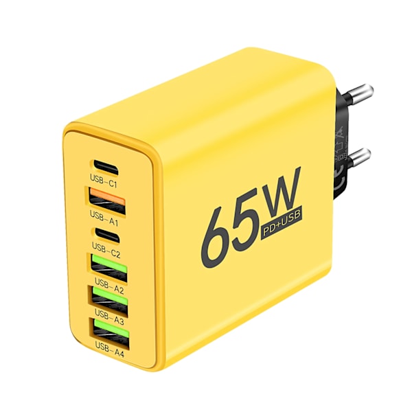 6 Port 65W USB-laddare Snabbladdning Multiport Mobilladdare Adapter För iPhone Samsung Xiaomi Huawei USB Typ C-laddare EU Yellow