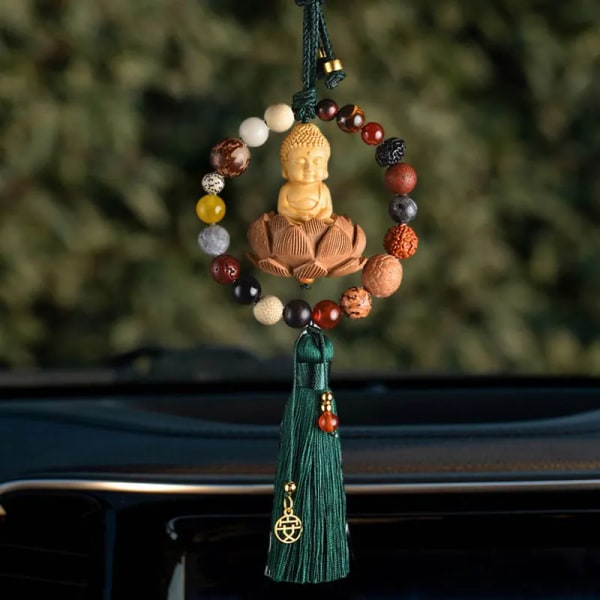 Bil Backspegel Buddha hänge Creative Carving Auto Decor Hängande Tofs Green